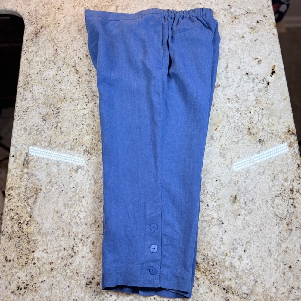 Chico's Linen Crop Pants Womens US 20 Blue Wide Leg Pull On Button Hem Plus - Picture 10 of 16